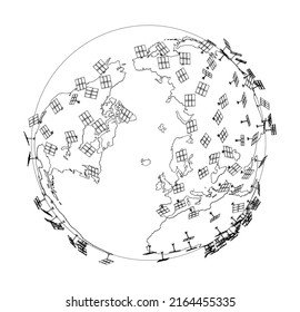 Solar Panels on Earth Concept. Vector rendering of 3d. Wire-frame style. The layers of visible and invisible lines are separated