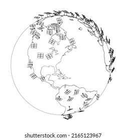 Solar Panels on Earth Concept. Vector rendering of 3d. Wire-frame style. The layers of visible and invisible lines are separated