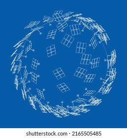 Solar Panels on Earth Concept. Vector rendering of 3d. Wire-frame style. The layers of visible and invisible lines are separated