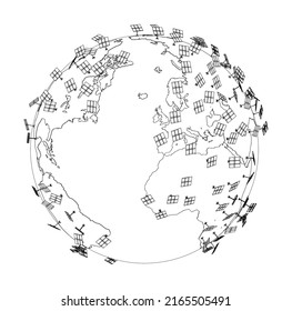 Solar Panels on Earth Concept. Vector rendering of 3d. Wire-frame style. The layers of visible and invisible lines are separated