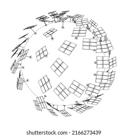 Solar Panels on Earth Concept. Vector rendering of 3d. Wire-frame style. The layers of visible and invisible lines are separated