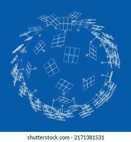 Paneles solares sobre el concepto de la Tierra. Representación vectorial de 3d. Estilo de marco de cables. Las capas de líneas visibles e invisibles están separadas