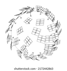 Solar Panels on Earth Concept. Vector rendering of 3d. Wire-frame style. The layers of visible and invisible lines are separated