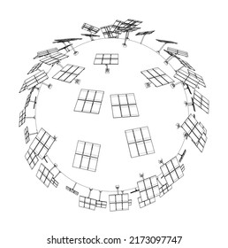 Solar Panels on Earth Concept. Vector rendering of 3d. Wire-frame style. The layers of visible and invisible lines are separated