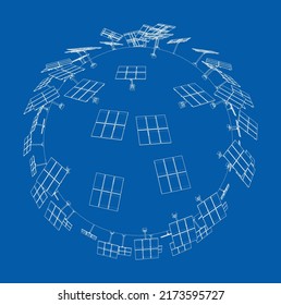 Paneles solares sobre el concepto de la Tierra. Representación vectorial de 3d. Estilo de marco de cables. Las capas de líneas visibles e invisibles están separadas