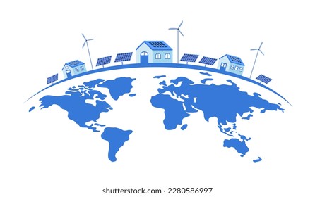 Solar panels on earth planet in flat design on white background.