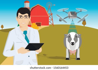 solar panels on the farm. Modern farms with Digital transformation in agriculture and intelligent agriculture. Vector illustration