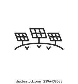 Solar panels, on a field, linear icon. Ecological energy. Line with editable stroke