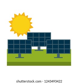 Solar panels on field and sun behind black and white