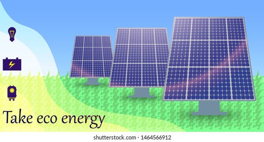 Solar panels on grass and sky background. Eco energy. Vector.