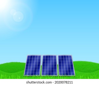 Solar panels on green grassy field, with sunshine. Solar energy environmental protection concept.