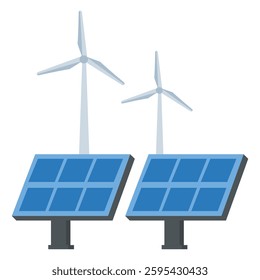 Solar panels on large wind turbines background. Windmills. Concept of clean energy, green energy, renewable energy