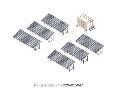 Solar panels on mars. Alternative sources of energy and electricity production on unexplored planet. Colonization and space expedition. Cartoon isometric vector illustration