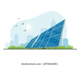 Solar panels on nature background. The concept of alternative electricity production and solar generation. Vector illustration