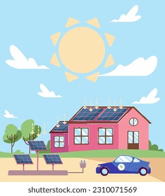 Solar panels on private buildings vector illustration. Eco-friendly house with recyclable energy batteries and electric car. Solar power, renewable energy, smart home technology