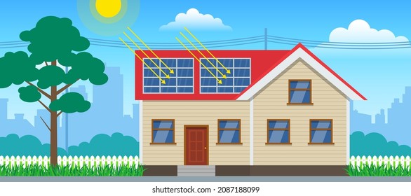 solar panels  on the roof of house.eco friendly alternative renewable energy concept vector illustration