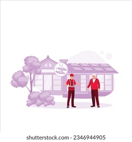 solar panels on the roof of the house. A technician explains the function and how to maintain solar panels to the homeowner. Big modern house and solar energy. Trend Modern vector flat illustration.