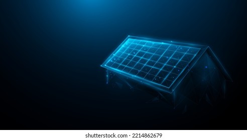 Los paneles solares en un techo están hechos de líneas, triángulos, polígonos bajos y estilo de partícula. Ilustración del vector