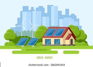 Solar panels on the roof of the modern house. Renewable energy sources. Backup power energy storage system. Ecology home