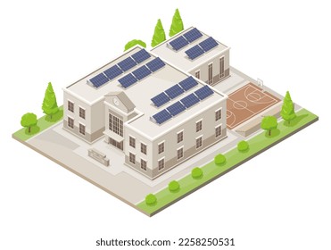 Solarpaneele auf dem Dach der Schulverwaltung Ökologie verwendet Solarzellen Konzept isometrische isolierte Illustration Cartoon