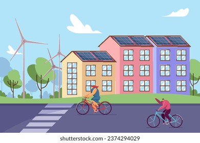 Solar panels on roofs and people on bikes vector illustration. Wind turbines, houses with solar batteries, people riding transport with zero emissions. Ecology, eco-friendly lifestyle concept