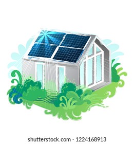 Solar panels placed on the roof of the modern house surrounded by lush foliage and illuminated with sun. Vector art isolated on white background