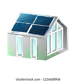 Solar panels placed on the roof of the modern house. Vector art isolated on white background