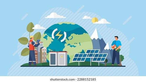 Solar panels plant. Renewable electric solar power plant station. Modern alternative eco green energy. Clean sustainable energy photovoltaic generation industry. Green energy for city. Installation