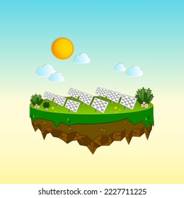 Solar panels power generation conveys environmental conservation, Air island paper art style with solar cell renewable energy, Ecology and Sustainable of Ecosystem go green and Save the planet day.
