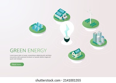 Techos solares de la casa de energía solar y molinos de viento Energía limpia Energía verde, energía industrial y alternativa ambientalmente sostenible.  ilustración vectorial isométrica.