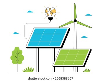 Solar panels producing environmentally friendly electrical energy, green energy vector illustration.