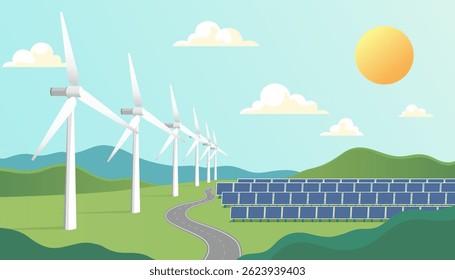 Solar panels and a row of wind turbines on green hills with a winding road under a sunny sky