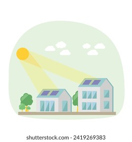 Solar panels saving energy house vector illustration. Self-sufficient house with solar panels on the roof. Flat style.