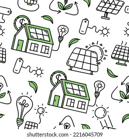 Solar panels Seamless pattern. Green energy. Co2 concept of climate change .  Vector doodle