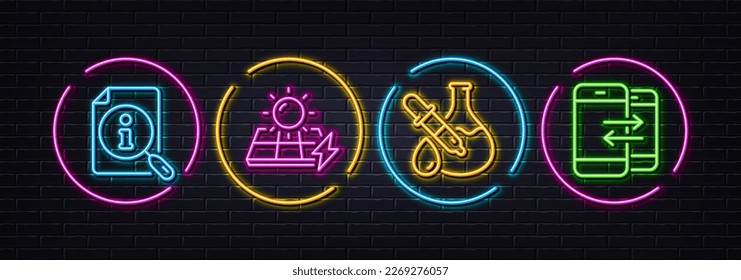 Solar panels, Search and Chemistry experiment minimal line icons. Neon laser 3d lights. Phone communication icons. For web, application, printing. Electric power, Find info, Laboratory flask. Vector