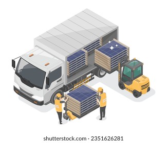 solar panels shipping to customer order online market send to installation service energy saving business concept isometric cartoon vector isolated