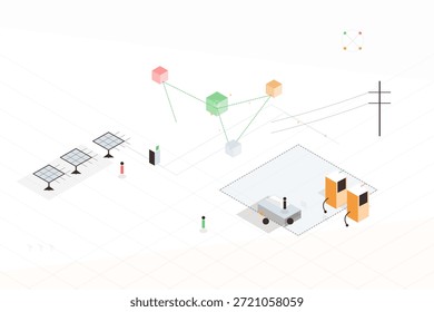 Los paneles solares se sientan en el suelo cerca de un vehículo. Las estructuras y líneas conectadas muestran el flujo de energía en un diseño moderno. Esta escena ilustra conceptos de tecnología y energía renovable.