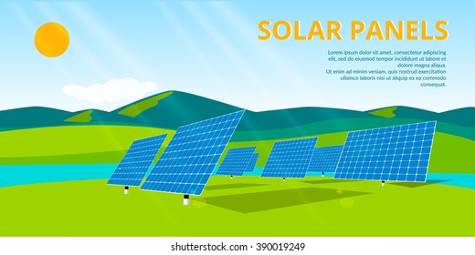 Solar panels standing in a field of grass,  energy alternative, flat style concept of renewable solar energy Vector flat design
