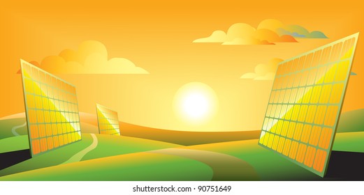 Solar panels summer sunset landscape vector illustration