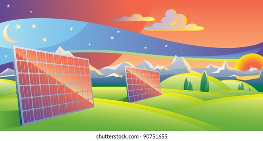 Solar panels summer sunset landscape vector illustration