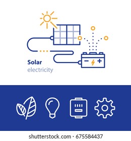 Solar panels, sun energy, electricity concept, services vector line icons