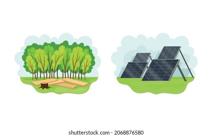 Solar panels for sun energy generation, alternative eco green renewable energy concept vector illustration