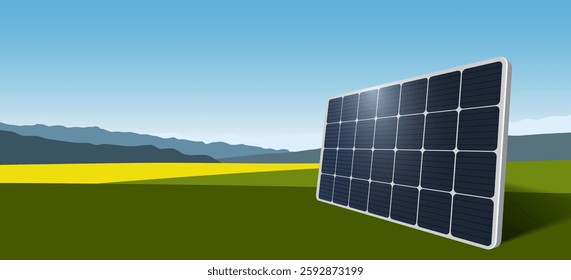 Solar panels, sun energy glass cells in nature. Green sustainable eco-friendly energy, alternative power concept. Vector illustration