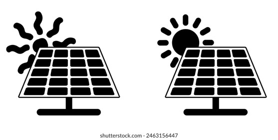 Paneles solares y sol, símbolo de la hierba. Sol, respetuoso con el medio ambiente, energía solar. Panel solar que genera electricidad. Logotipo solar. Concepto de panel de batería. Icono de celdas solares. Concepto de hogar o casa.