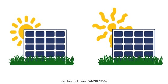 Solar panels and sun, green grass symbol. Sun, environmentally friendly, sun energy. Solar panel that generate electricity. Solar logo. Battery panel concept. Solar cells icon. Home or house concept.