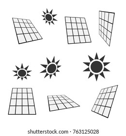 Solar panels, sun icons, alternative energy symbols, isolated on white background, vector illustration.