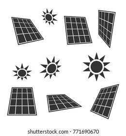 Solar panels, sun icons, alternative energy symbols, black isolated on white background, vector illustration.