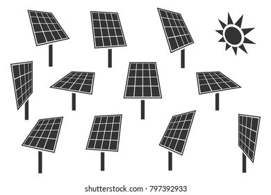 Solar panels, sun icons, alternative energy symbols, black isolated on white background, vector illustration.