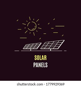 Solar Panels And The Sun, Logo Or Icon Design. Solar Power, Photovoltaic Technology Concept. Flat Style Line Art Illustration On Dark Background.