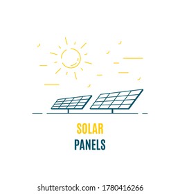 Solar Panels And The Sun, Logo Or Icon Design. Solar Power, Photovoltaic Technology Concept. Flat Style Line Art Illustration Isolated On White Background.